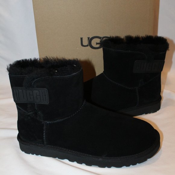 NIB‎ UGG LOGO STRAP MINI SUEDE SHEARLING LINED ANKLE BOOTS BLACK - Picture 2 of 9